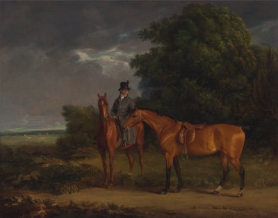 Ein Stallbursche auf einem Kastanienbraunen Jäger, er hält einen Braunen Jäger an den Zügeln von Jacques Laurent Agasse